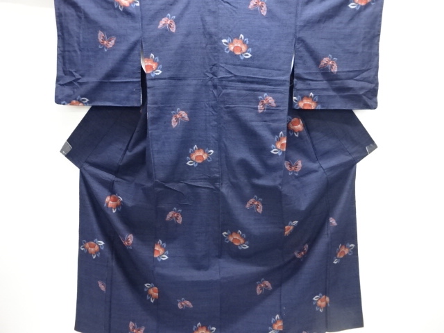 蝶に花模様織り出し手織り紬着物